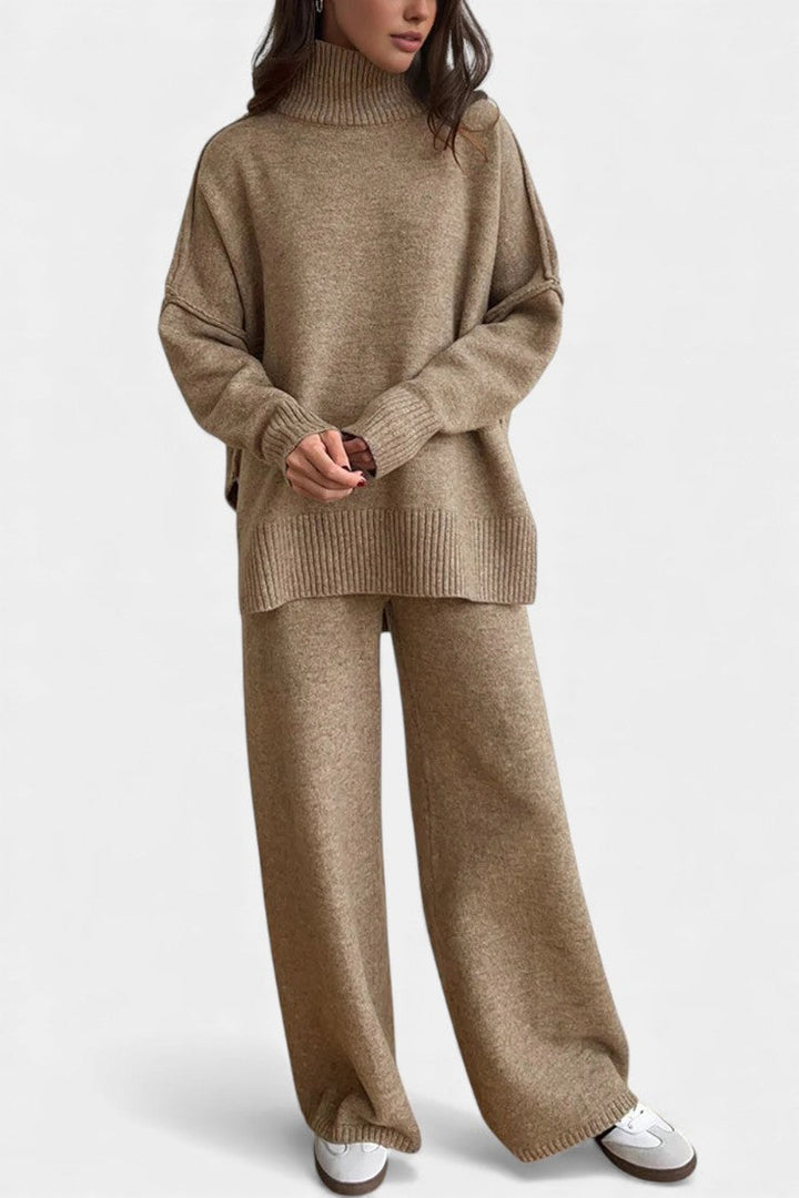 Knit Sweater and Wide Leg Pants Set - Turtleneck Two Piece Outfit