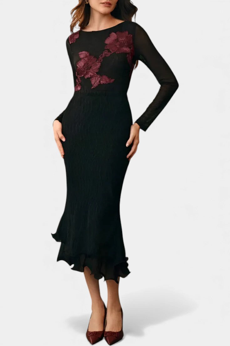 Floral Textured Blouse with Boat Neck - Long Sleeve Top for Women