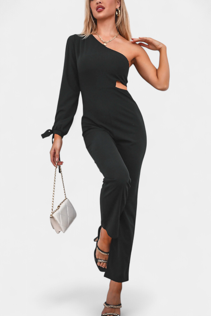 One Shoulder Jumpsuit with Knot Detail - Elegant Evening Wear
