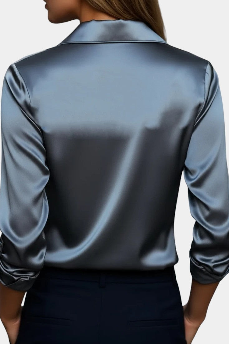 Silver Satin Blouse with Plunging Neckline - Elegant Loose Fit Top