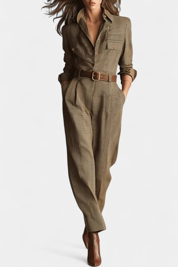 Brown Checkered Tweed Jumpsuit With Belt - Elegant Wide Leg