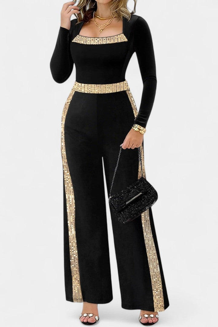 Sequin Jumpsuit Wide Leg with Bow Detail - Evening Formal Wear