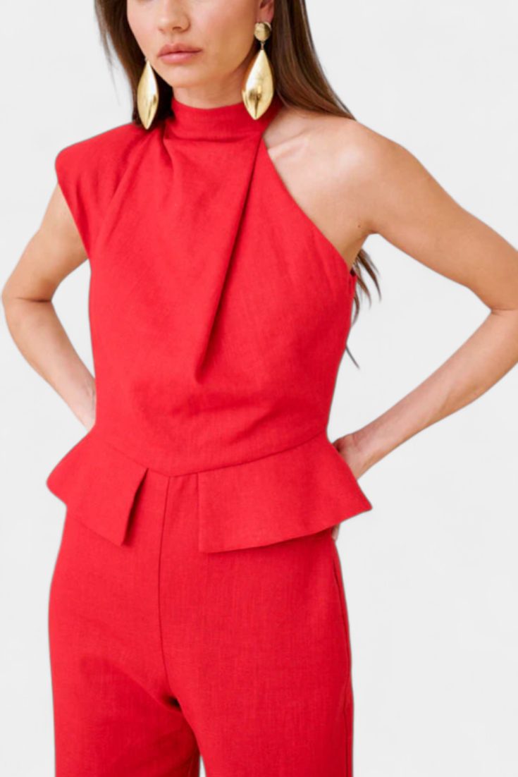 Linen Jumpsuit Women Asymmetrical Shoulder Summer Outfit