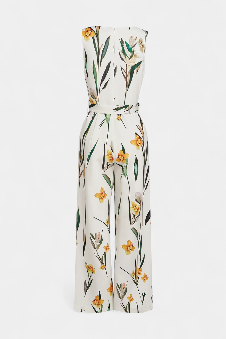 White V-Neck Jumpsuit with Belt - Elegant Summer Outfit
