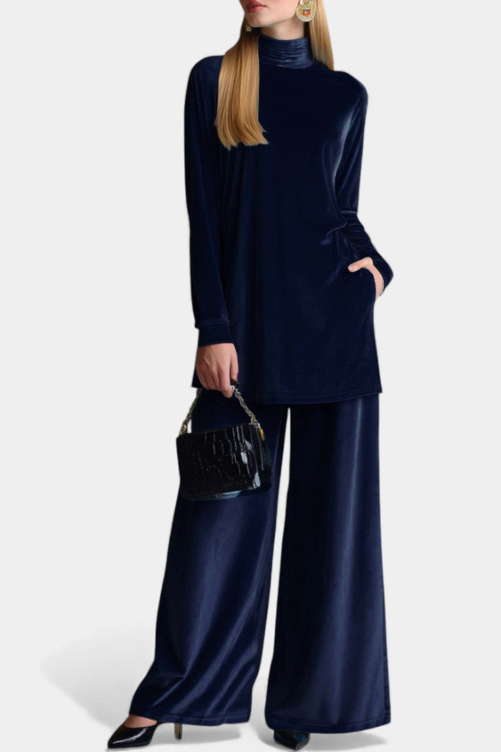 Velvet High Collar Top and Split Pants Set for Women