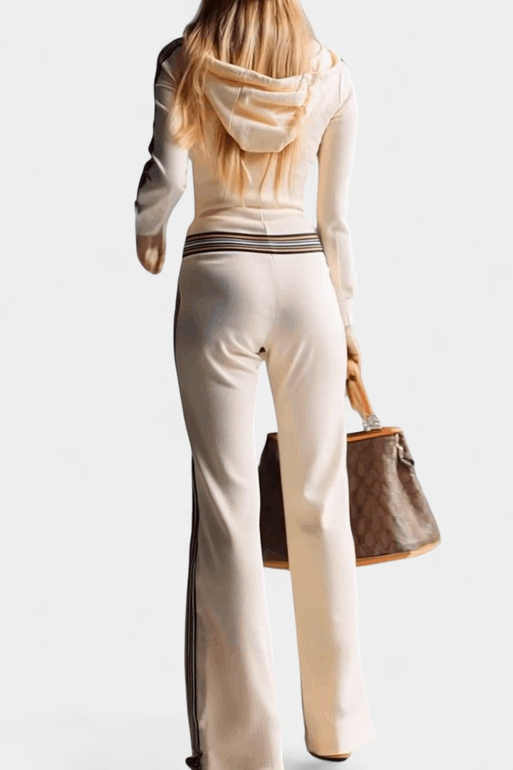 Hooded Knit Jumpsuit with Contrast Stripes and Zipper Detail