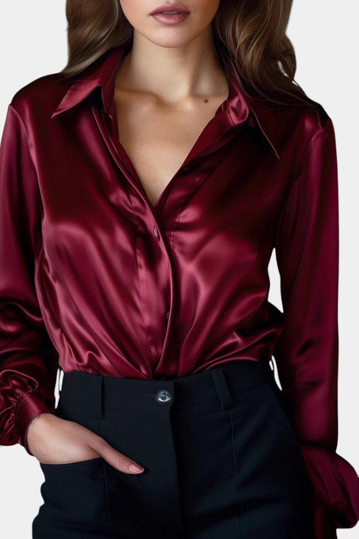 Satin Blouse Long Sleeve Black Elegant Work Shirt for Women