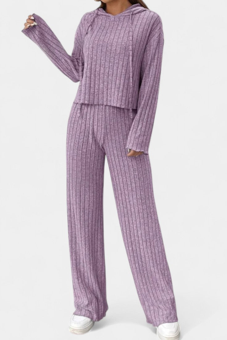 Striped Knit Hoodie and Pants Set - Comfortable Loungewear