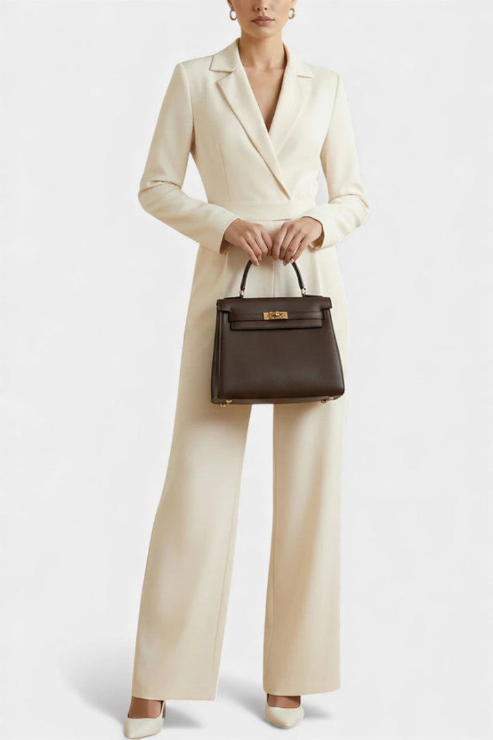 High-Waisted Jumpsuit with Pockets - Long Sleeve Cotton Blend