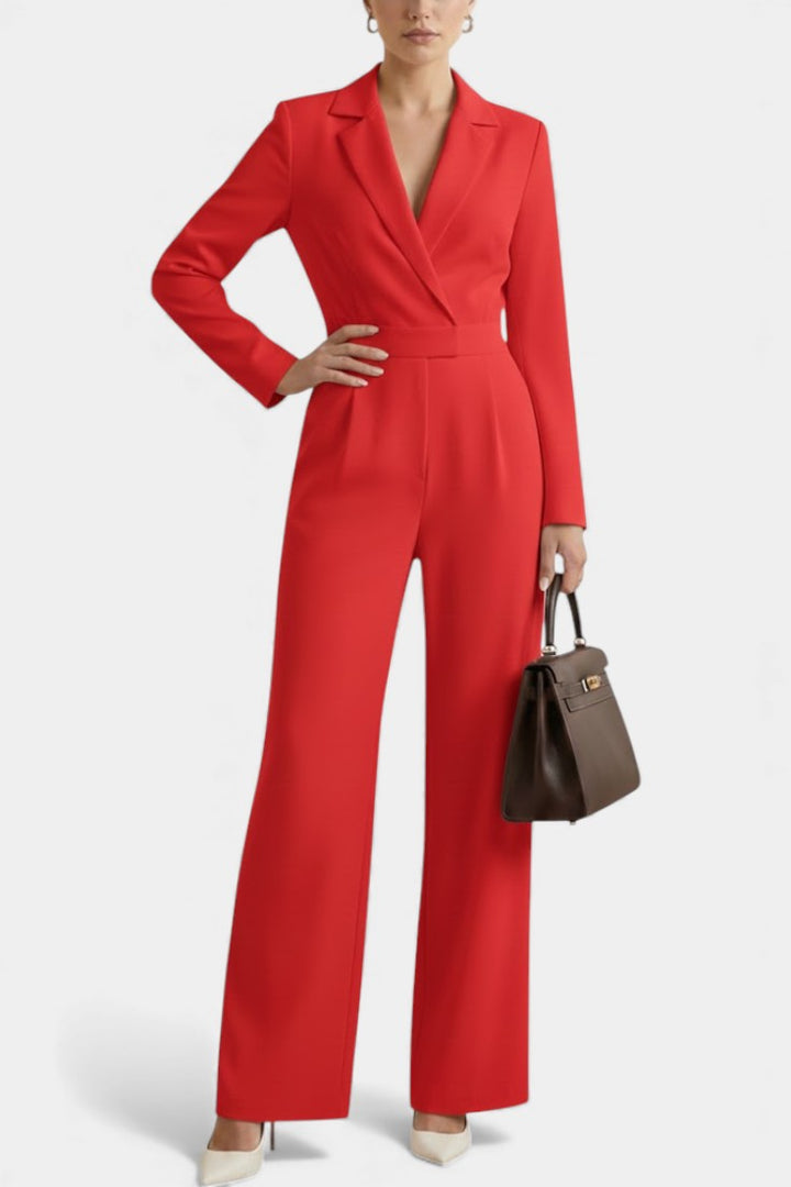 High-Waisted Jumpsuit with Pockets - Long Sleeve Cotton Blend