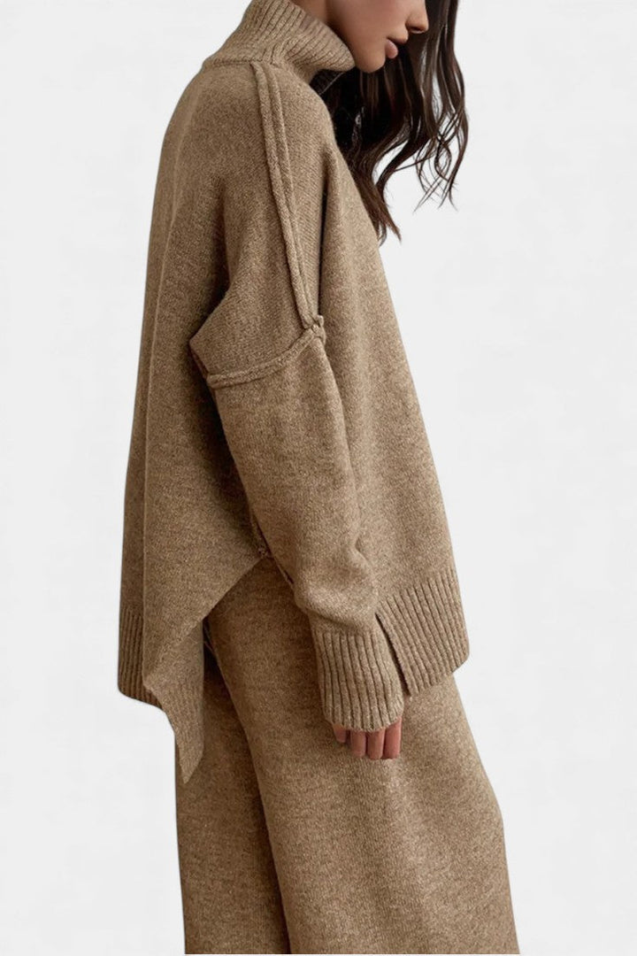Knit Sweater and Wide Leg Pants Set - Turtleneck Two Piece Outfit