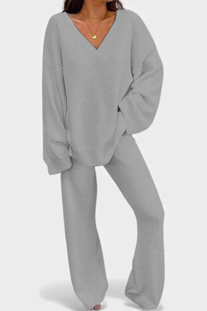 Two Piece Lounge Set for Women - Cozy V-Neck Outfit