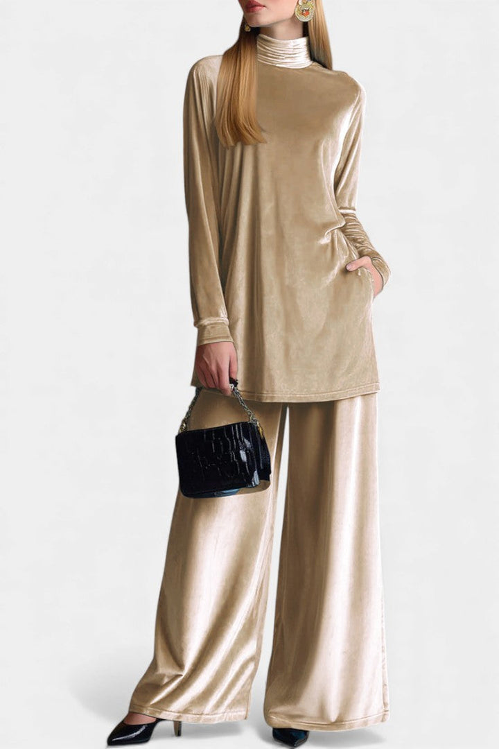 Velvet High Collar Top and Split Pants Set for Women