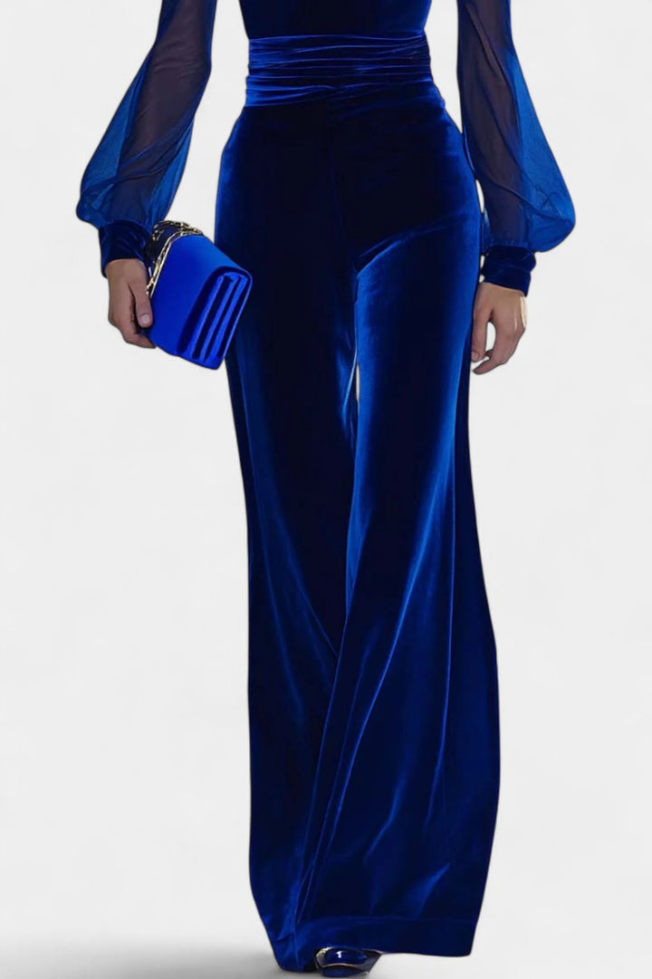 Velvet Jumpsuit for Women - Long Sleeve V-Neck Evening Jumpsuit