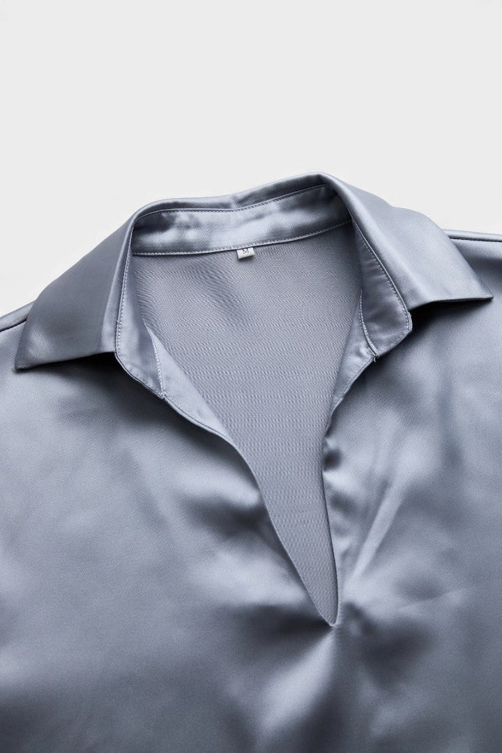 Silver Satin Blouse with Plunging Neckline - Elegant Loose Fit Top