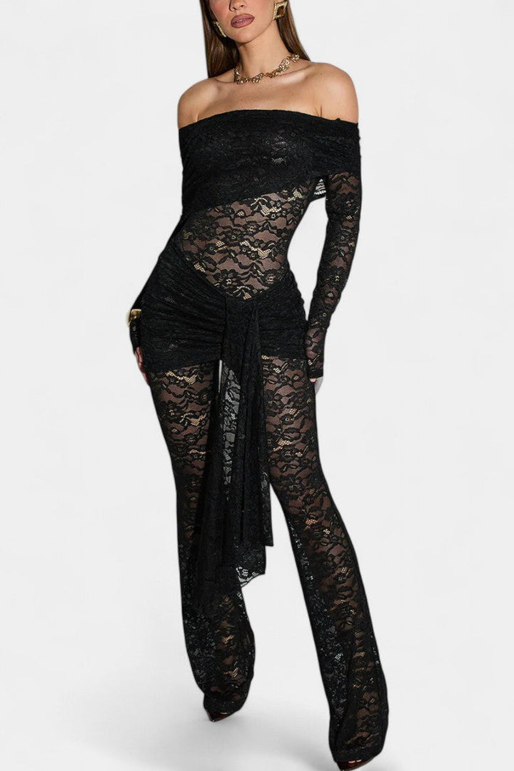 Lace Bardot Top and Ruffled Mini Skirt Set for Women
