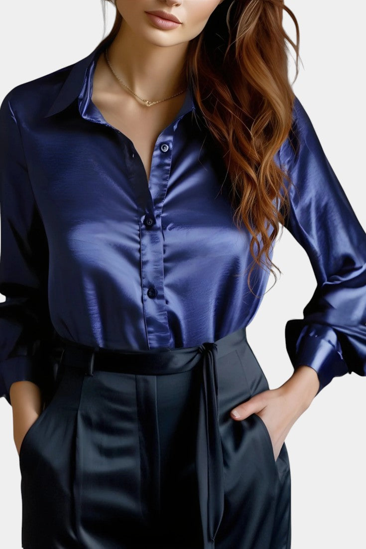 Satin Blouse Long Sleeve Black Elegant Work Shirt for Women
