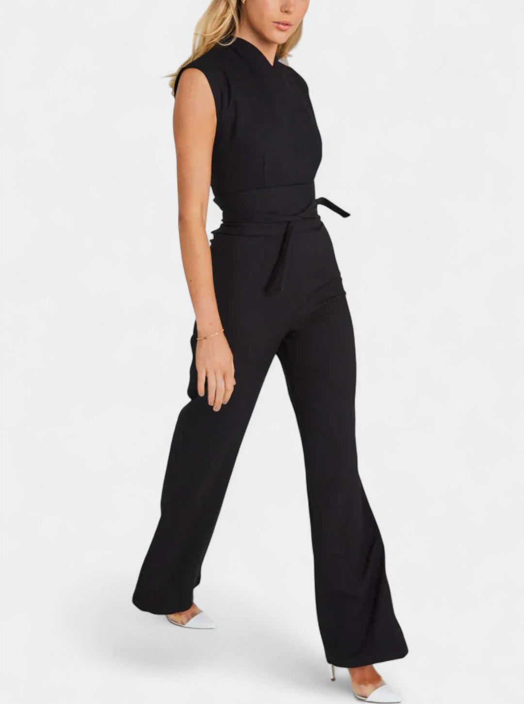 Sleeveless Jumpsuit with High Neck and Wide Leg Flare