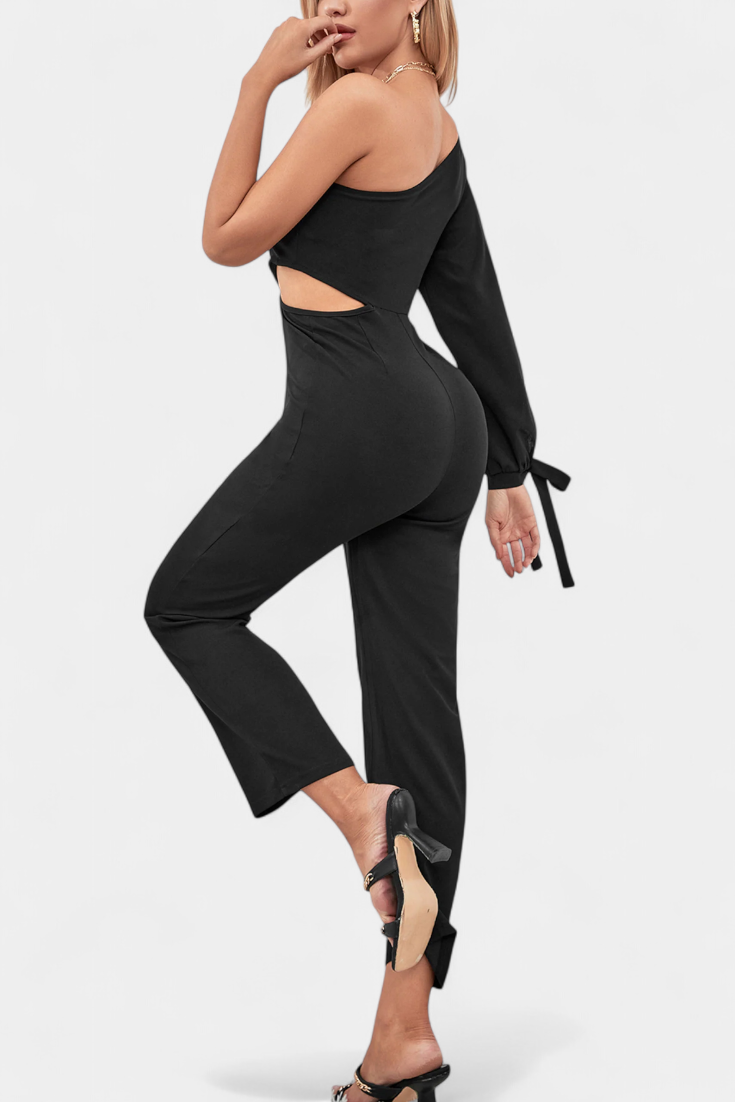 One Shoulder Jumpsuit with Knot Detail - Elegant Evening Wear