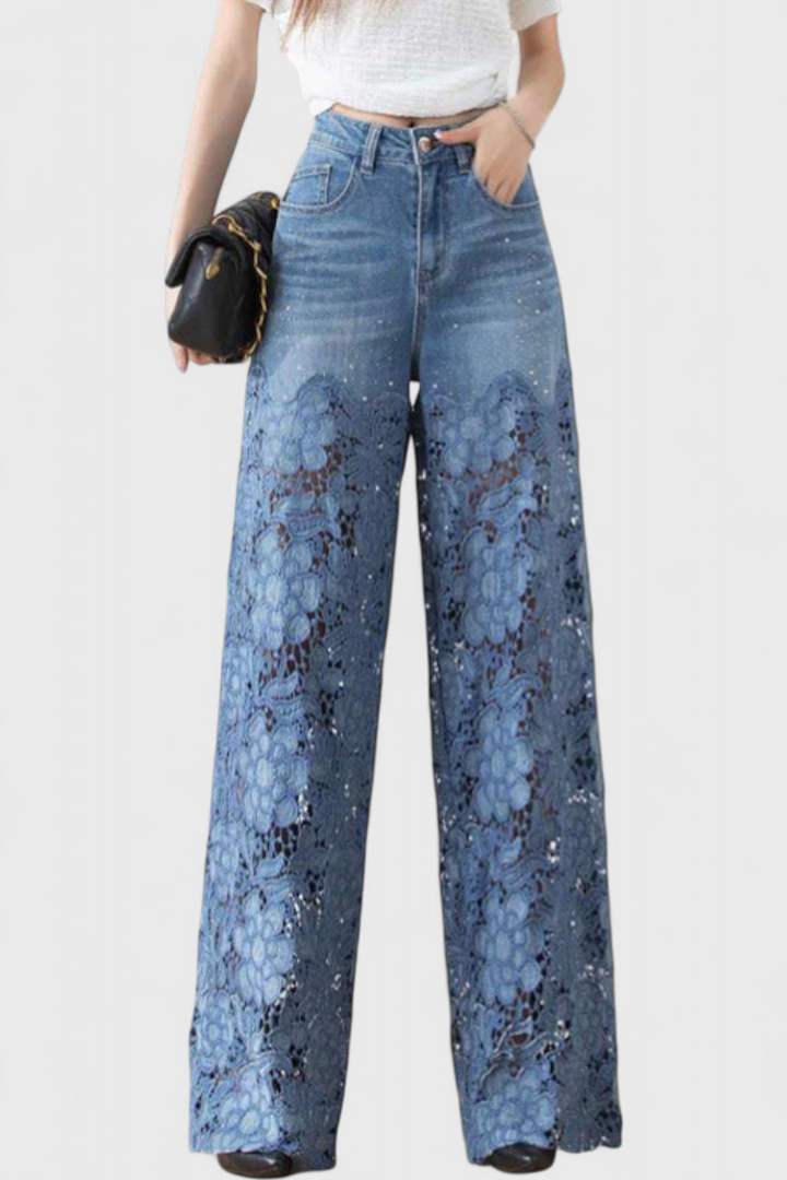 Palazzo Denim Pants with Lace Detail High Waisted Wide Leg