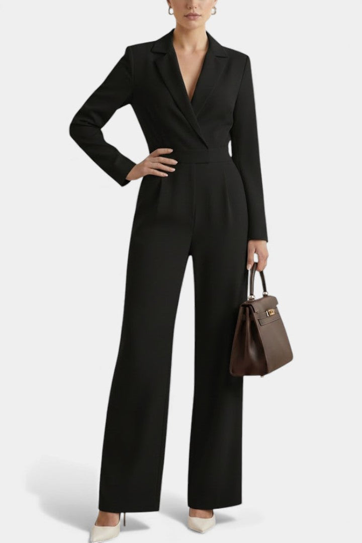 High-Waisted Jumpsuit with Pockets - Long Sleeve Cotton Blend