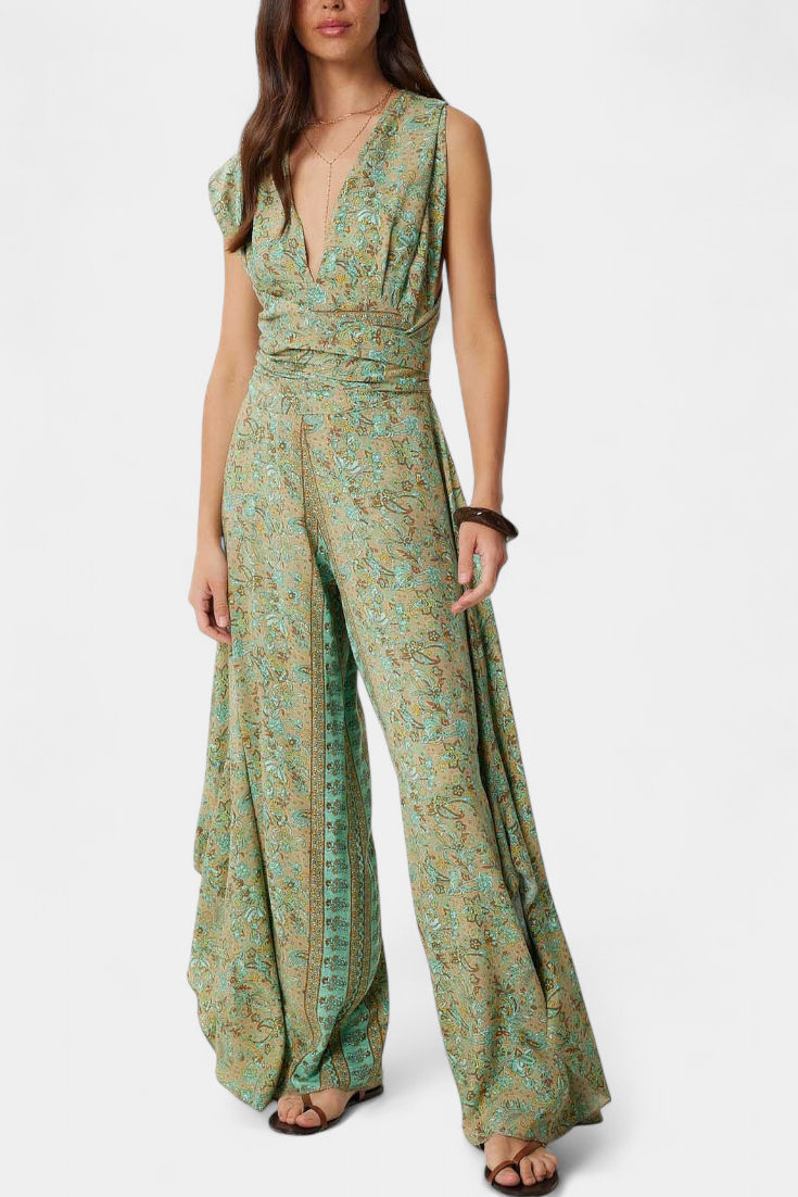 Floral Wrap Jumpsuit Wide Leg with Open Back for Women