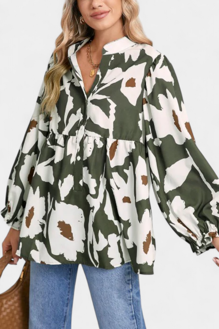 Puff Sleeve Blouse with Abstract Floral Print - Relaxed Fit Top