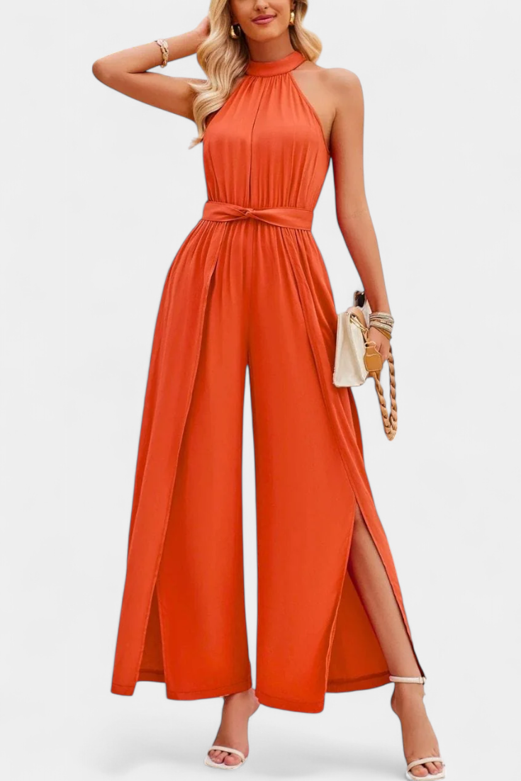 One Shoulder Jumpsuit with Bow Detail - Elegant Wide Leg Jumpsuit