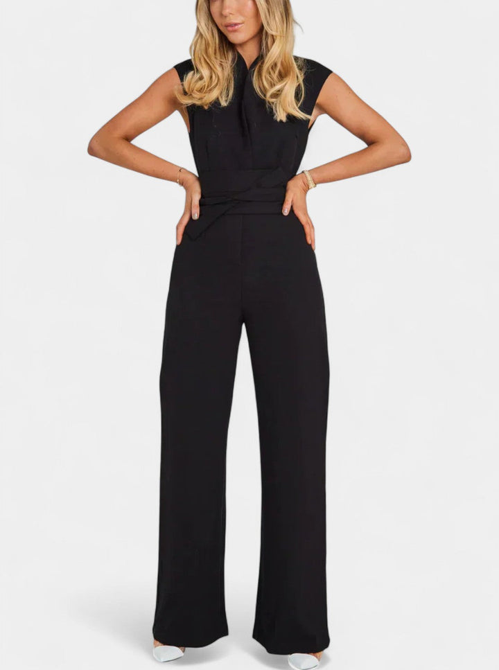 Sleeveless Jumpsuit with High Neck and Wide Leg Flare