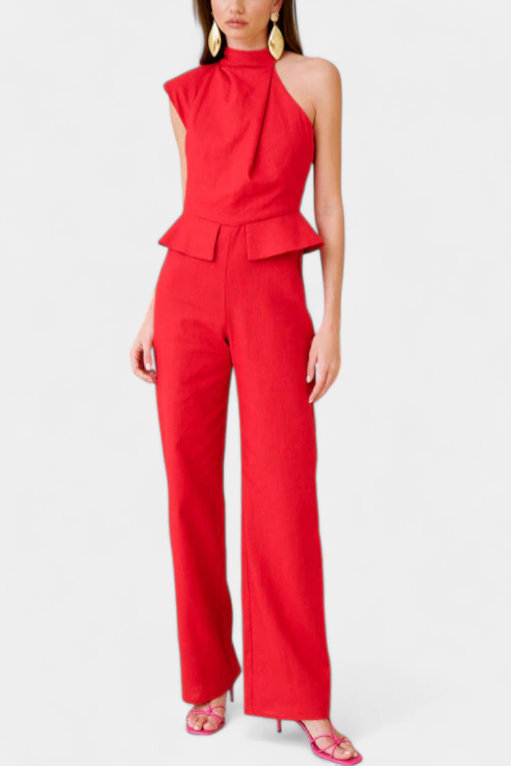 Linen Jumpsuit Women Asymmetrical Shoulder Summer Outfit
