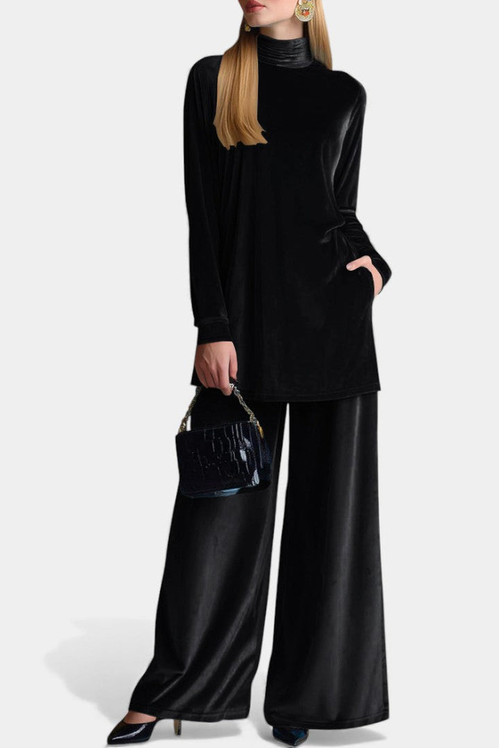 Velvet High Collar Top and Split Pants Set for Women