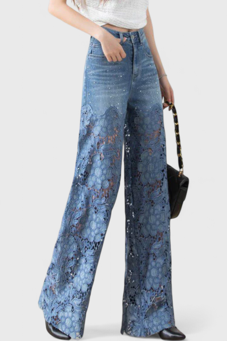 Palazzo Denim Pants with Lace Detail High Waisted Wide Leg