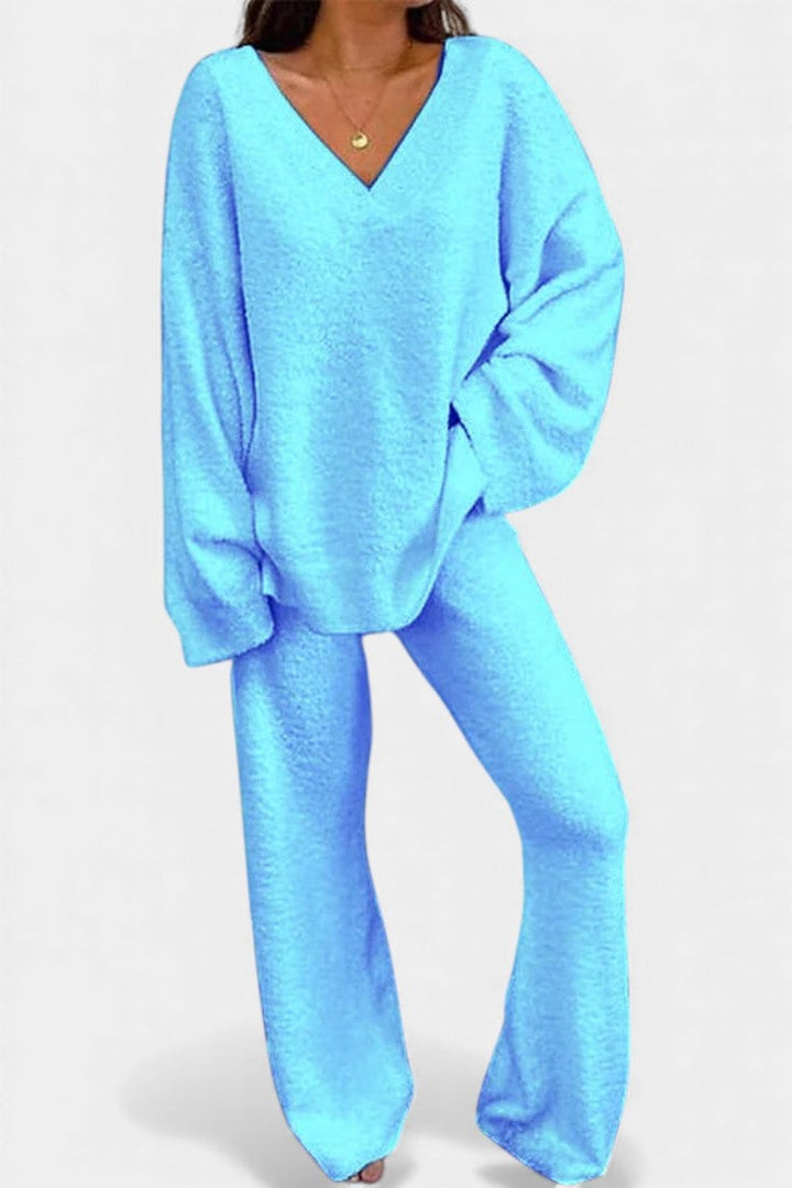 Two Piece Lounge Set for Women - Cozy V-Neck Outfit