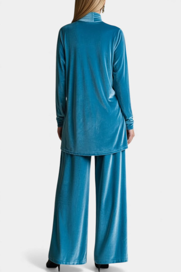 Velvet High Collar Top and Split Pants Set for Women
