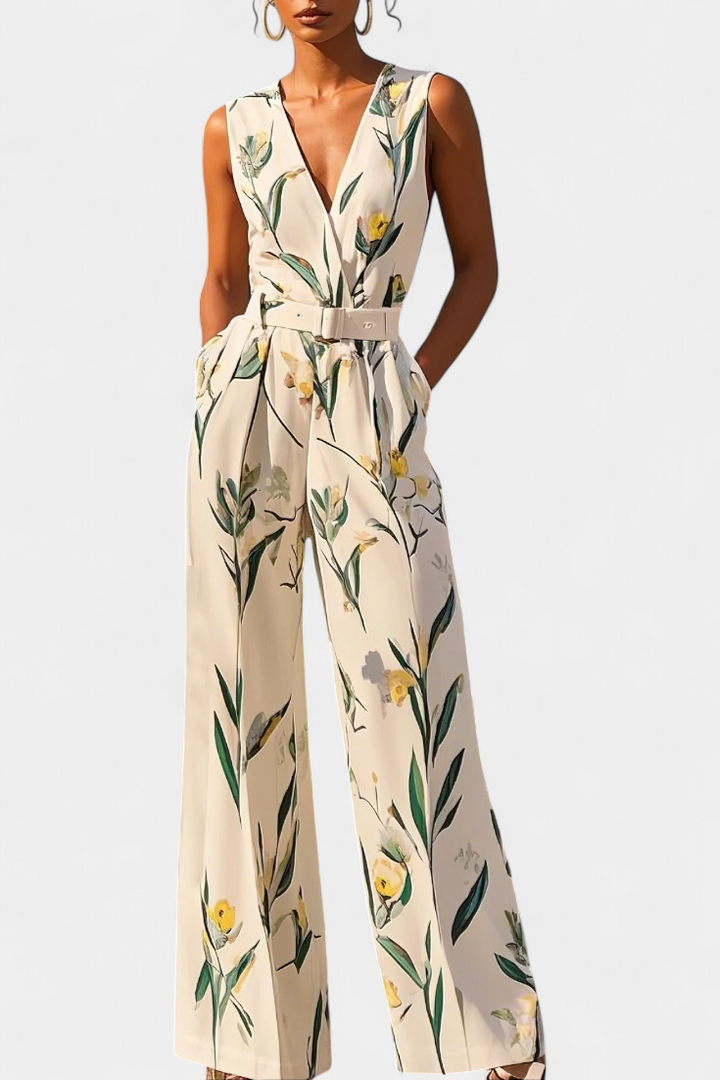 White V-Neck Jumpsuit with Belt - Elegant Summer Outfit
