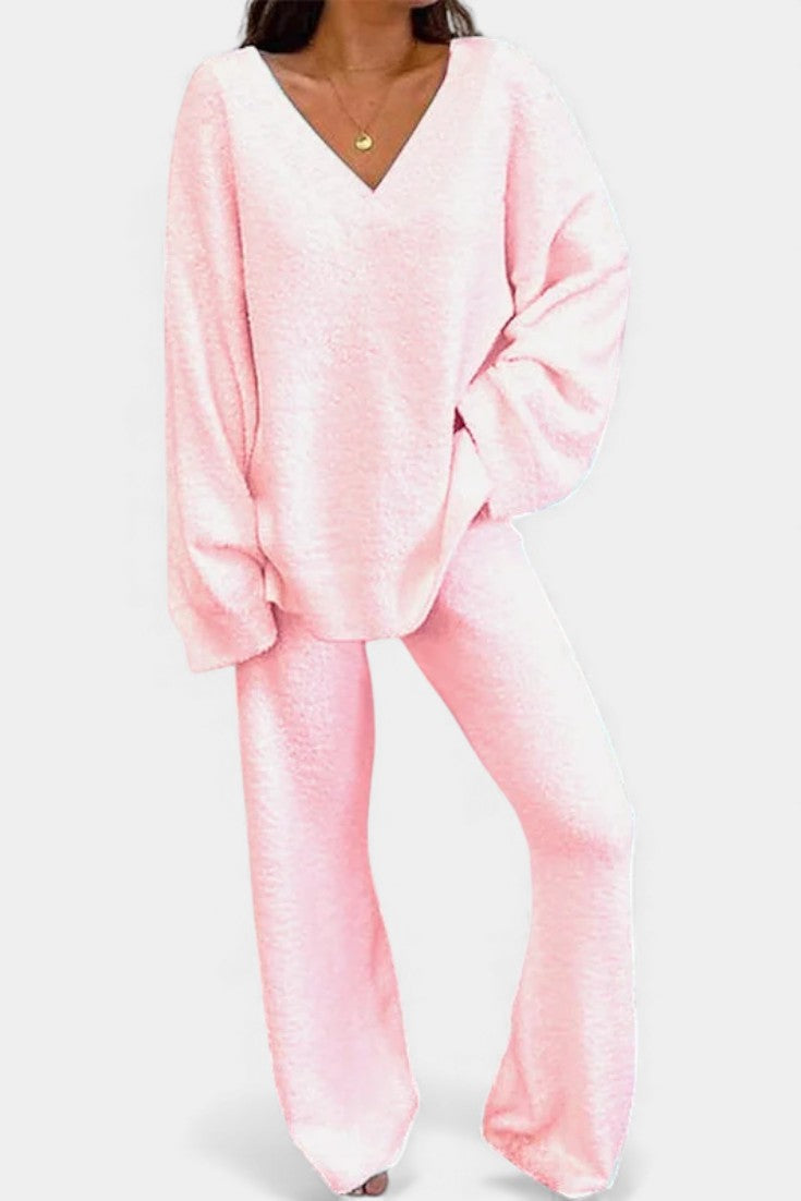 Two Piece Lounge Set for Women - Cozy V-Neck Outfit