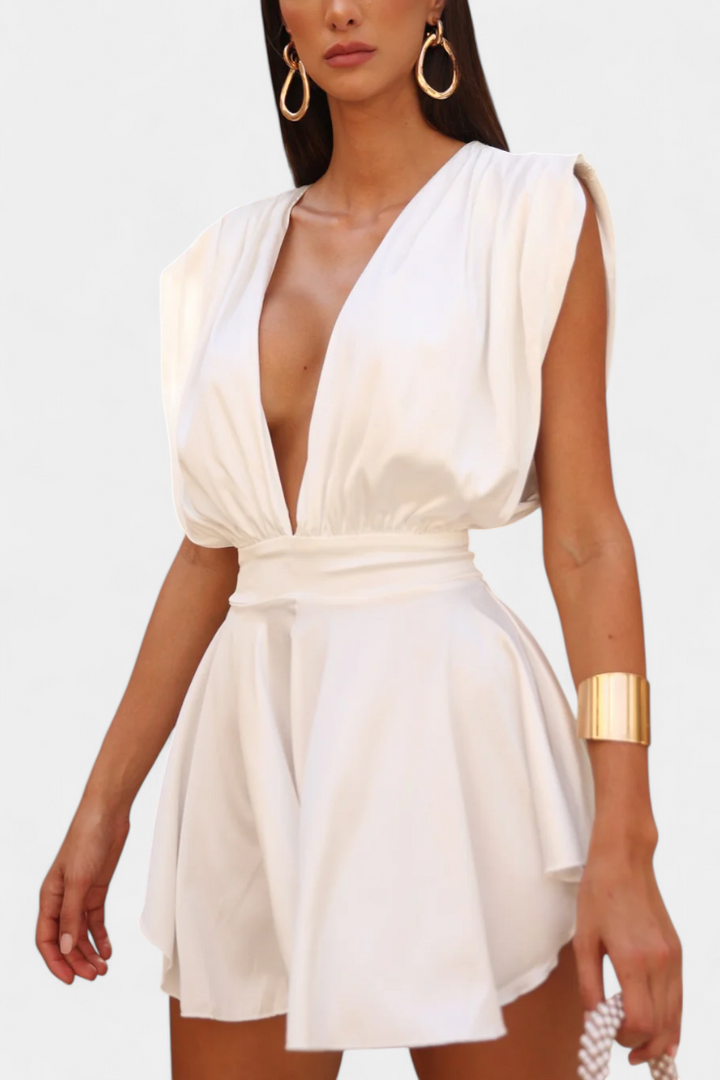 Cape Jumpsuit with Plunging Neckline - Elegant Wide Leg Romper