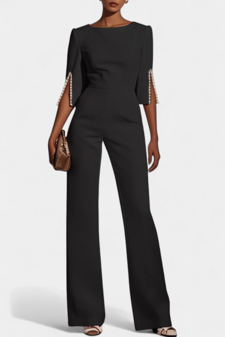 Three-Quarter Sleeve Jumpsuit with Pearl Button Detail