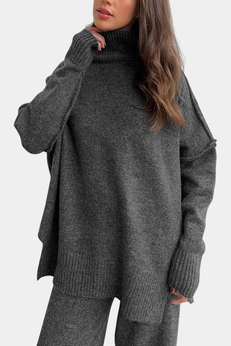 Knit Sweater and Wide Leg Pants Set - Turtleneck Two Piece Outfit