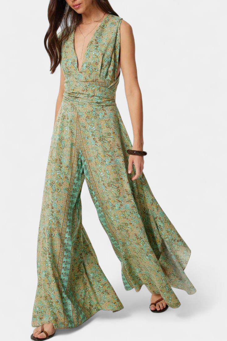 Floral Wrap Jumpsuit Wide Leg with Open Back for Women