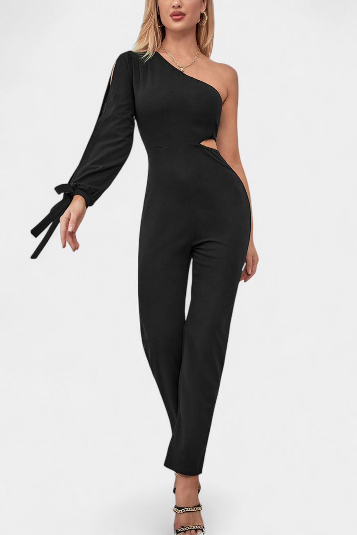 One Shoulder Jumpsuit with Knot Detail - Elegant Evening Wear