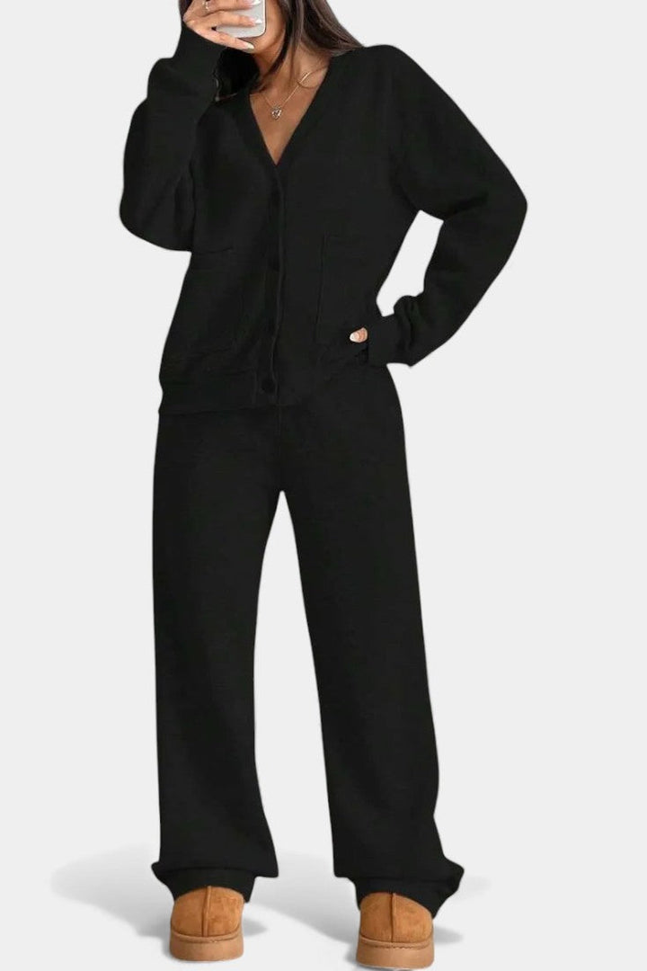 Cardigan Jacket and Wide Leg Pants Set - Two Piece Loungewear Outfit