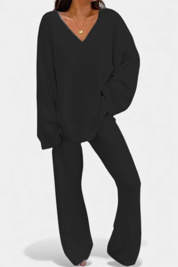 Two Piece Lounge Set for Women - Cozy V-Neck Outfit