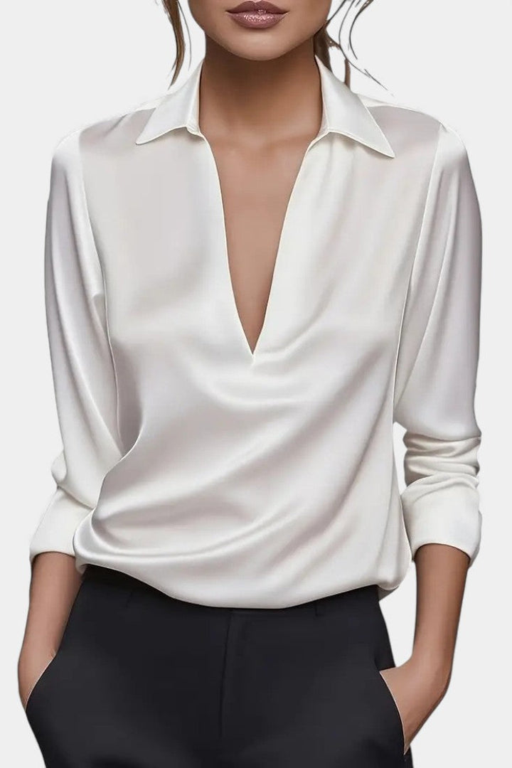 Silver Satin Blouse with Plunging Neckline - Elegant Loose Fit Top