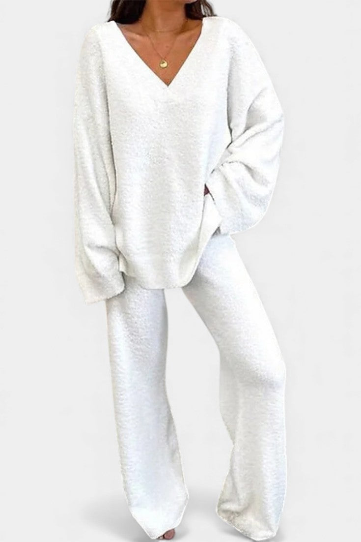 Two Piece Lounge Set for Women - Cozy V-Neck Outfit