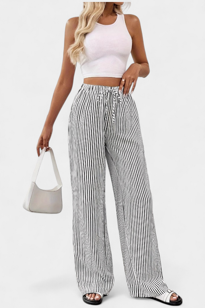 Striped Straight Leg Pants with Adjustable Waist - Lightweight