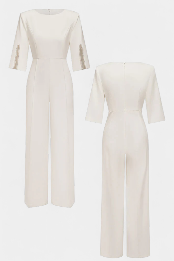 Three-Quarter Sleeve Jumpsuit with Pearl Button Detail