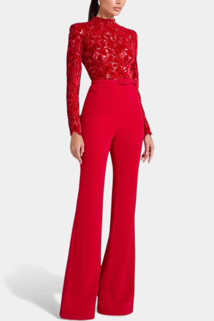 High Neck Lace Jumpsuit - Elegant Long Sleeve Formal Jumpsuit