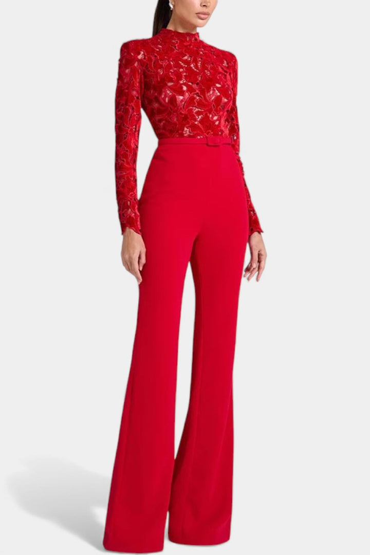 High Neck Lace Jumpsuit - Elegant Long Sleeve Formal Jumpsuit