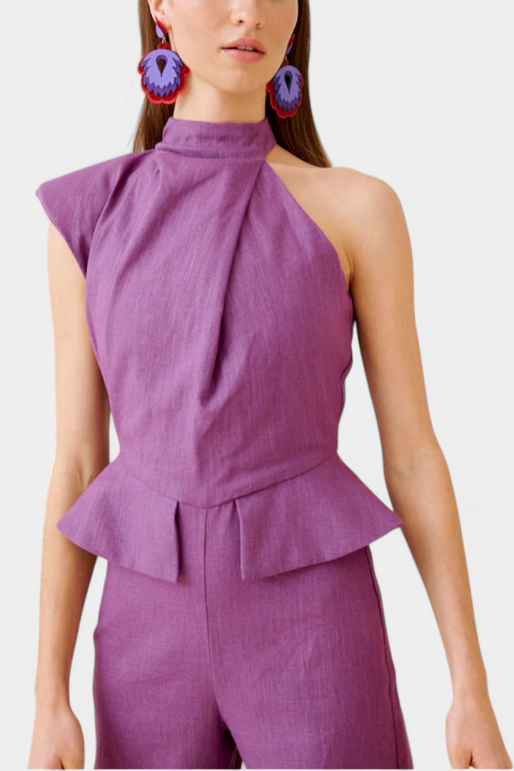 Linen Jumpsuit Women Asymmetrical Shoulder Summer Outfit